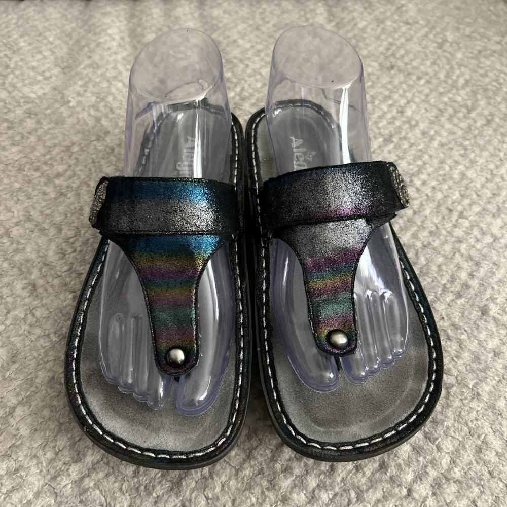 Alegria Iridescent Rhinestone Thong Sandals Size 38 CARINA Blue Rainbow Leather